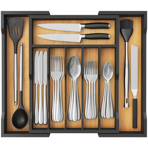 Lifewit Silverware Drawer Organizer, Bamboo Utensil Tray for Kitchen, Expandable Flatware and Cutlery Holder, Adjustable Storage for Spoons Forks Knives, Large, Natural and Black
