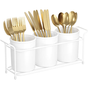 Lifewit Plastic Silverware Caddy with Metal Rack, Utensil Holder for Party, Cutlery Flatware Organizer for Kitchen Countertop, Forks Spoons Knives Storage for Picnic Camping Outdoor Buffet, White