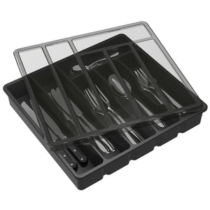 Lifewit Silverware Organizer with Lid for Kitchen Drawer Cutlery Tray, 6 Compartments, Black